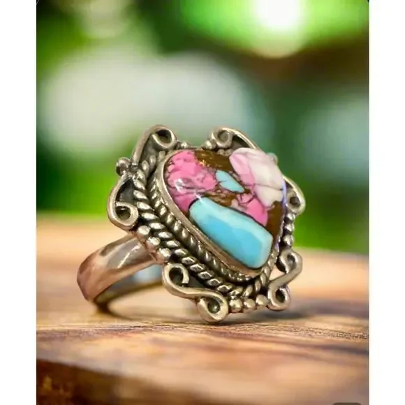 Cotton Candy Turquoise | Heart Shaped Ring | Size 5-10 Adjustable - Picture 4 of 5